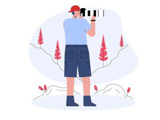 Photographer's adventure to take pictures professionally.  Professional photographer illustration. Cameraman concept. Flat vector illustration.