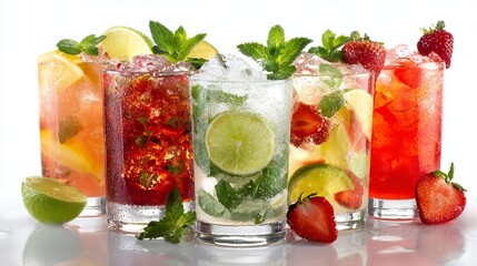 Refreshing Summer Cocktails Strawberry Lime Mint Iced Drinks Cold Beverages Summertime Refreshment Party Drinks Tropical Cocktails Citrus Fruits Ice Cubes Mint Leaves Vibrant      
