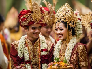 Happy couple in traditional Indonesian wedding attire