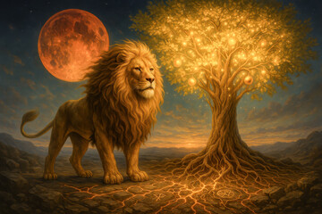 Lion of Judah with Tree of Life Beneath Blood Moon Biblical Fantasy

