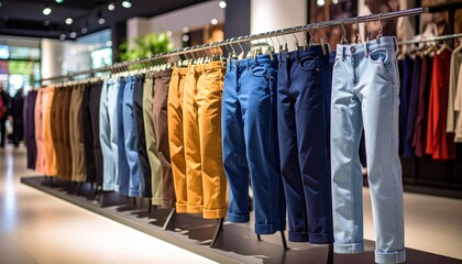 Row of colorful pants on hangers in a modern clothing store