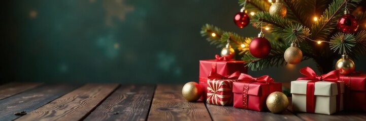 Stylish Christmas gifts arranged around a decorated tree; copy space , gift wrap, space, floor