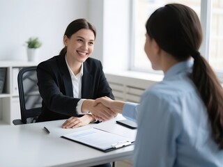 Fototapeta premium job interview by human resource HR officer interviwing, talk new employee shaking hands in office with smiling face. HR Manager interview check resume, face to face. Job Interview Concept