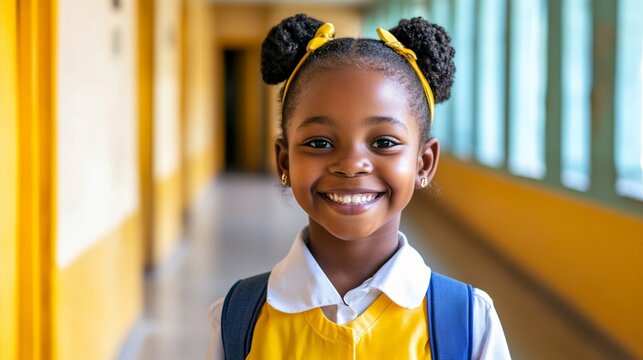 A joyful young girl with braided hair smiles brightly in a school hallway, showcasing her bright yellow outfit and backpack against a vibrant background. - Powered by Adobe