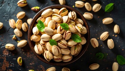 Closeup of roasted pistachios in a bowl with healthy snack on rustic background.