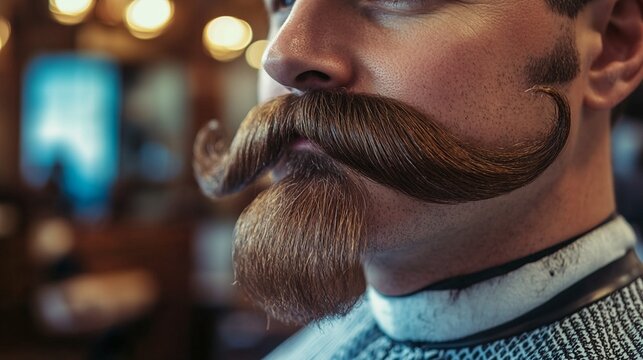 A close-up shot of a man showcasing a well-groomed mustache and beard in a classic barbershop setting with warm, inviting lights and vintage decor elements. - Powered by Adobe