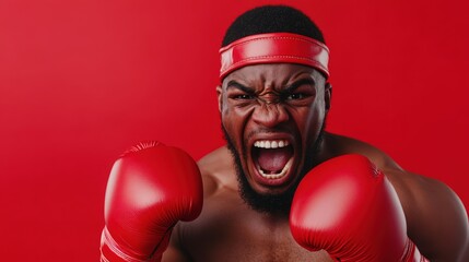 A determined boxer with red boxing gloves, headband, and a fierce expression, set against a vibrant red background.