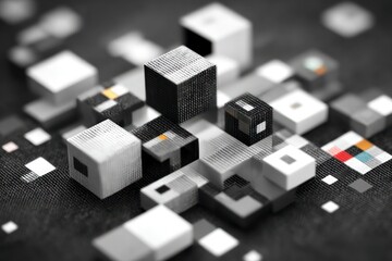 Abstract Black White Pixel Cubes 3D Texture Background