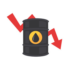 Oil Barrel with Downward Red Arrow Symbolizing Decrease in Oil Prices or Economic Decline on White Background