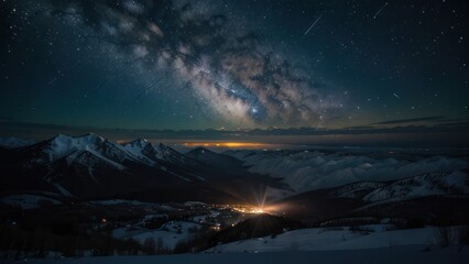 Naklejka premium A vast expanse of snowy mountains under a starry night sky with the Milky Way.