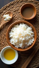 Generative AI Image Asian cuisine featuring a rice bowl and condiments arrangement