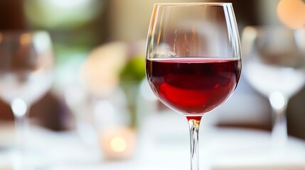 A beautifully captured wine glass filled with red wine, elegantly set against a softly blurred background of dining elements, perfect for indulgent occasions and culinary themes.
