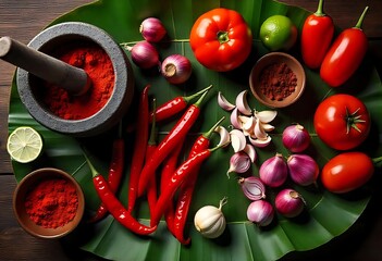 Generative AI Culinary Harmony Still Life Red Peppers Mortar and Exotic Spices