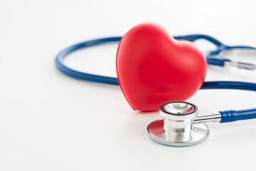 Red Heart Model with Blue Stethoscope on White Background
