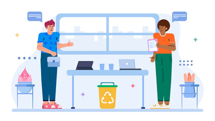 Two men discussing in an office setting with a desk and recycling bin. Suitable for environmental discussions or office themed concepts.