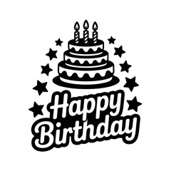 Vector Illustration of Happy Birthday Lettering with Cake, Candles, and Stars in Black and White