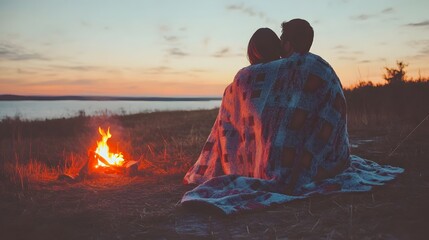 Obraz premium Couple cuddling by a campfire at sunset.