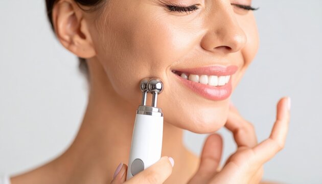 Woman using a facial massager device while smiling in a bright, minimalistic setting