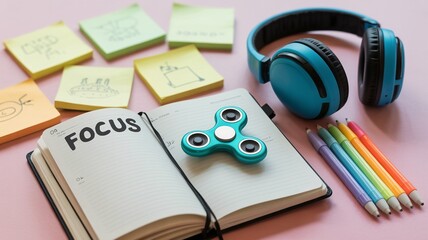 adhd, Teal Spinner and Headphones on Open Notebook with Focus Word