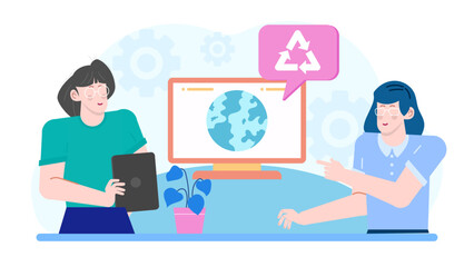 Two women with glasses discussing earth recycling. Perfect for environmental blogs, sustainability campaigns, ecofriendly businesses, and educational materials.