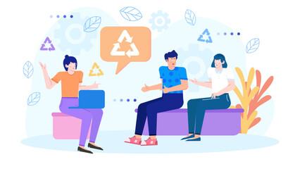 Three people discussing recycling in a fun cartoon style perfect for educational materials on sustainability and environmental awareness campaigns.