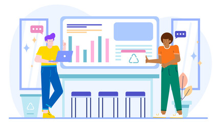 Two people presenting a chart with a recycle symbol. Suitable for ecofriendly presentations, sustainability concepts, environmental reports, and green business campaigns.