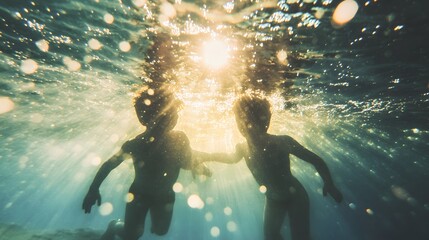 Two children swimming underwater in a pool of water.