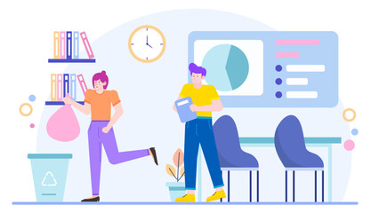 Two people standing in an office with a bookshelf and table. Suitable for business presentations, educational materials, office related designs.