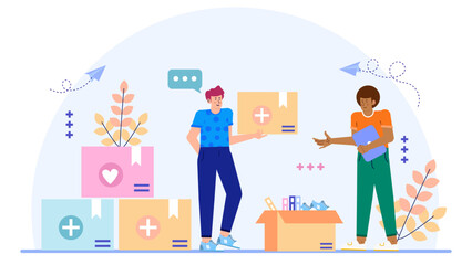 Two men holding boxes and a speech bubble for business communication concepts, teamwork, diversity, ecommerce, or delivery services.