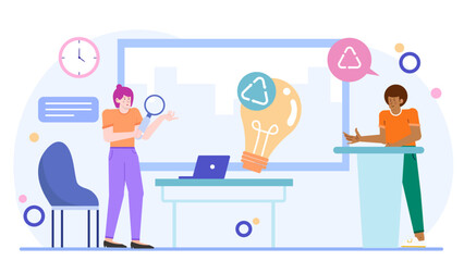 Two people discussing a recycling lightbulb idea. Suitable for environmental concepts, sustainability discussions, and ecofriendly designs.