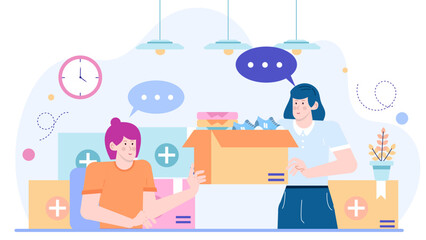 Two people having a conversation next to a box full of shoes. Suitable for fashion blog, dialogues, retail promotions, and marketing.