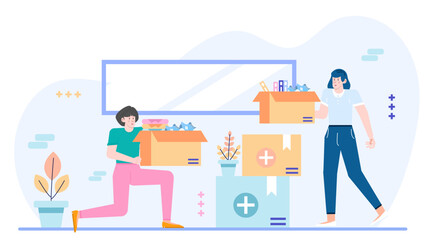 Two women pack boxes in a house. Real estate, moving, packing, lifestyle, friends, women, teamwork, home organization, relocation, female.