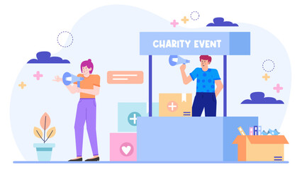 Two people at a charity event holding megaphones for speeches. Perfect for fundraising promotions, marketing campaigns, nonprofit communications visuals.