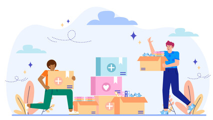 Two individuals are giving away boxes of items to a charitable organization. Suitable for donation, charity, volunteering, giving back concepts.