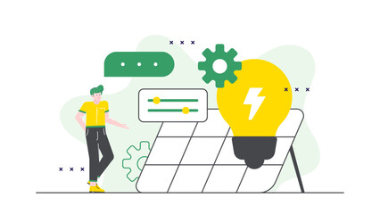 Man next to a solar panel with a lightbulb, showing ecofriendly energy solution. Environmentally conscious concept for renewable energy websites or blogs .