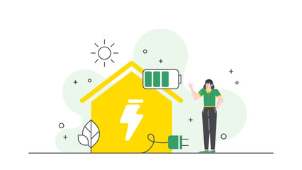 Woman pointing at a yellow house with full battery, presenting ecofriendly home concept. Suitable for real estate and sustainable living content.