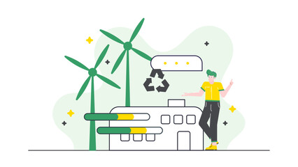 Person standing in front of building with windmills and recycle symbol. Suitable for environmental activism, conservation, sustainable living concepts.