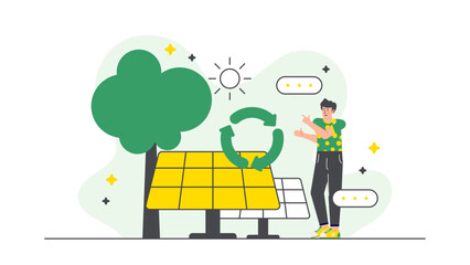 Man pointing to a solar panel next to a tree. Suitable for ecofriendly concepts, sustainable energy, and environmental awareness campaigns.