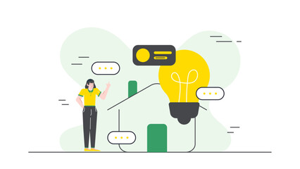 Woman pointing at yellow light bulb, expressing idea or creativity concept. Perfect for presentations, education, business, and innovation themed designs.