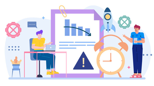 Two men analyzing document with graph, alarm clock and rocket. Suitable for presentations, business articles, entrepreneurship concepts, and time management themes.