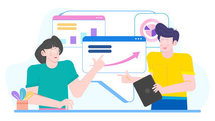 Two people in discussion while analyzing business graphs on a computer screen. Suitable for presentations, business articles, and finance concepts.