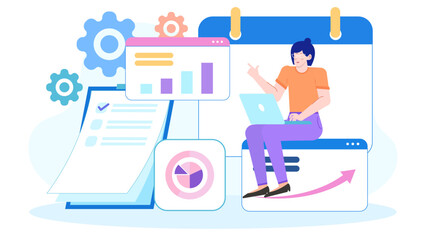 Woman working on a laptop with graphs, charts, and a checklist. Suitable for business presentations, reports, finance articles, and educational materials.