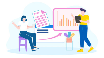 Two people analyzing a digital chart together, suitable for business presentations, teamwork concepts, analytical discussions, financial reports, corporate strategies.