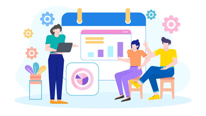 Three people discussing graphs on a calendar. Suitable for financial, business, and teamwork concepts in presentations, articles, or blogs.
