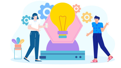 Title Two people stand near a large light bulb. Suitable for illustrating creativity, collaboration, brainstorming, innovation, and teamwork concepts in business and education marketing materials.