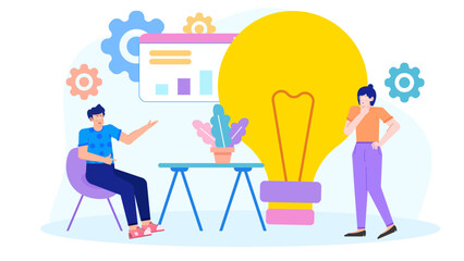 Two people discussing ideas with light bulb and gear icons, ideal for business concepts, teamwork, brainstorming, innovation presentations, and articles.