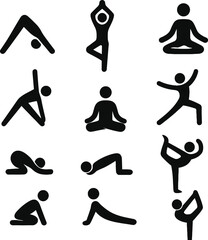 Timeless Yoga Stick Figure Icons – Unique Poses in Bold Silhouettes. 