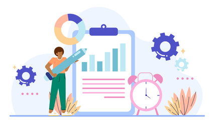 Person with pen, chart, and alarm clock, suitable for business concepts, time management, planning, scheduling, deadlines, productivity, and strategy.