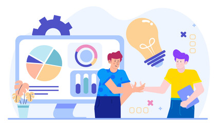 Two men near a computer with charts and a light bulb, ideal for business presentations or innovative concept illustrations.