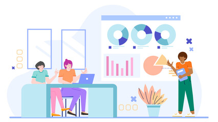 Three people discussing business graphs, suitable for presentations, articles, and blog posts on team collaboration, data analysis, and financial planning.